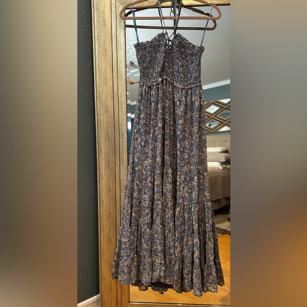 Aqua Halter Metallic Tier Dress Size L Light Blue Paisley Never worn, no tags.